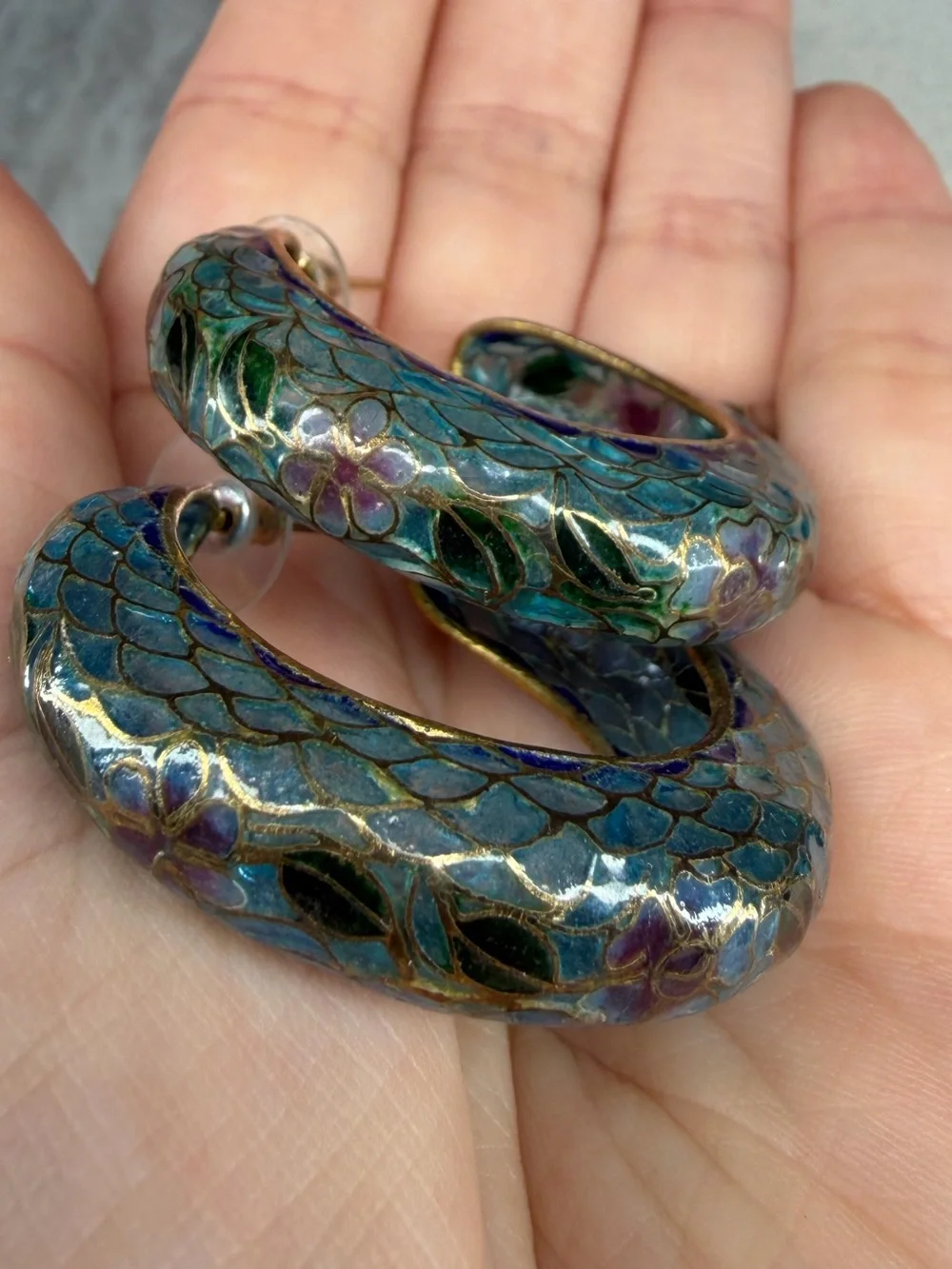 Plique A Jour Cloisonné Hoop Earrings Stained Glass Jewelry Glass Vintage Rare